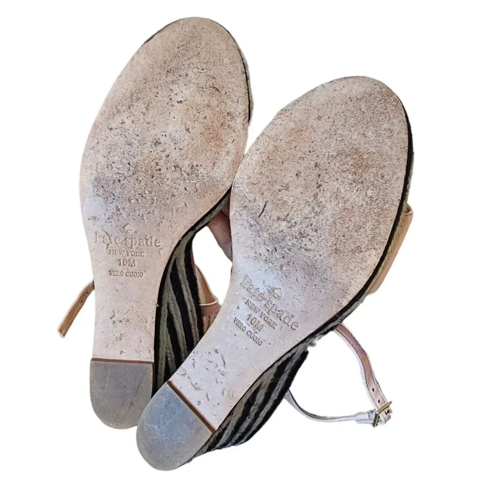 Kate Spade Jill Pink Puff Leather‎ Rosette Black White Woven Raffia Wedges Sz 10